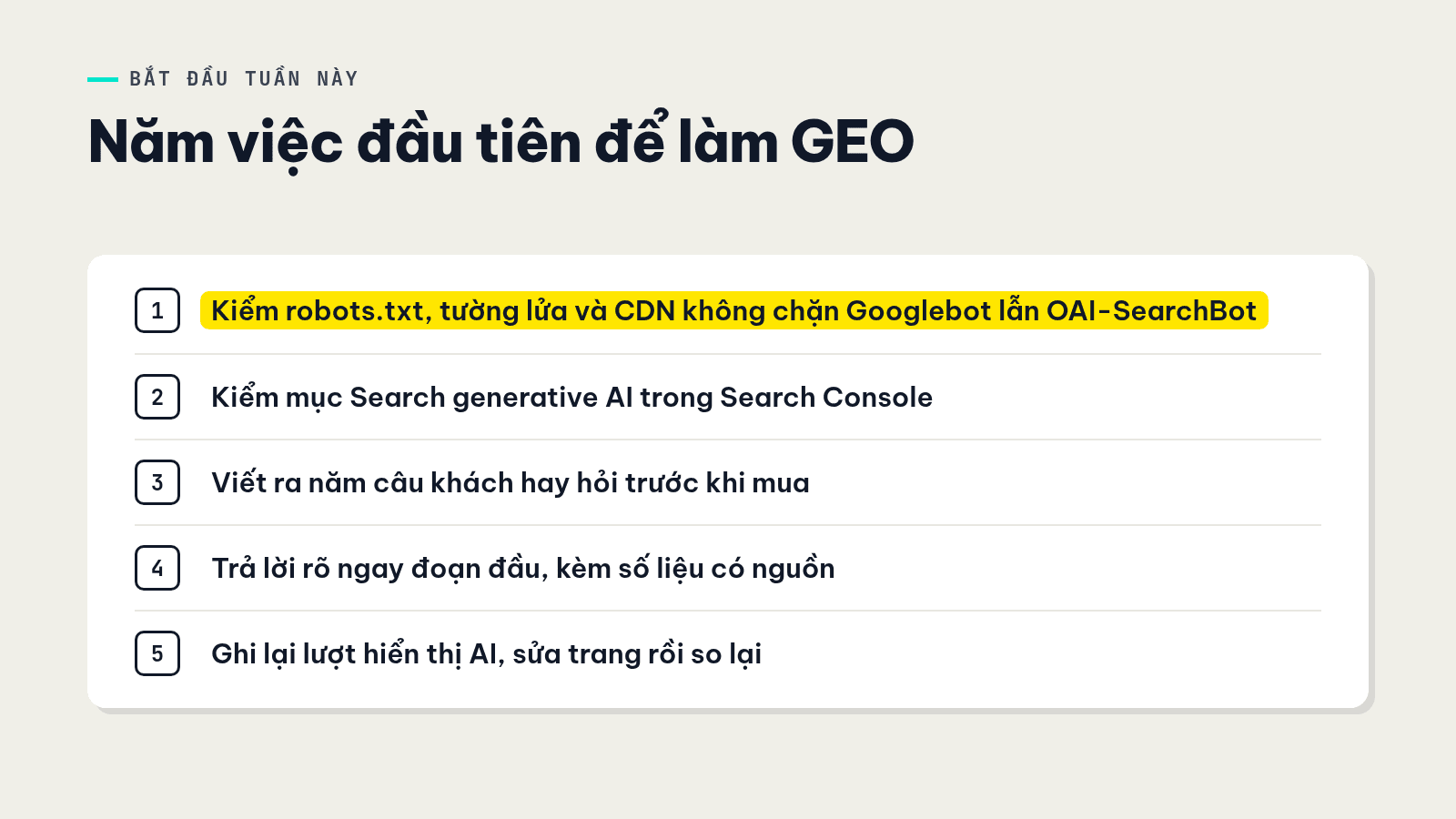 Checklist năm việc bắt đầu làm GEO cho website doanh nghiệp nhỏ