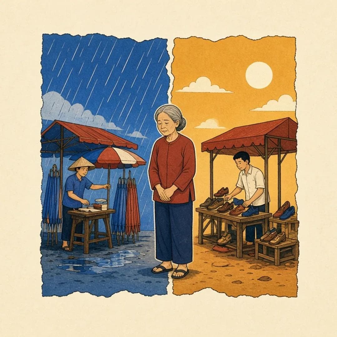 Bà mẹ đứng giữa sạp dù trong mưa và sạp giày dưới nắng
