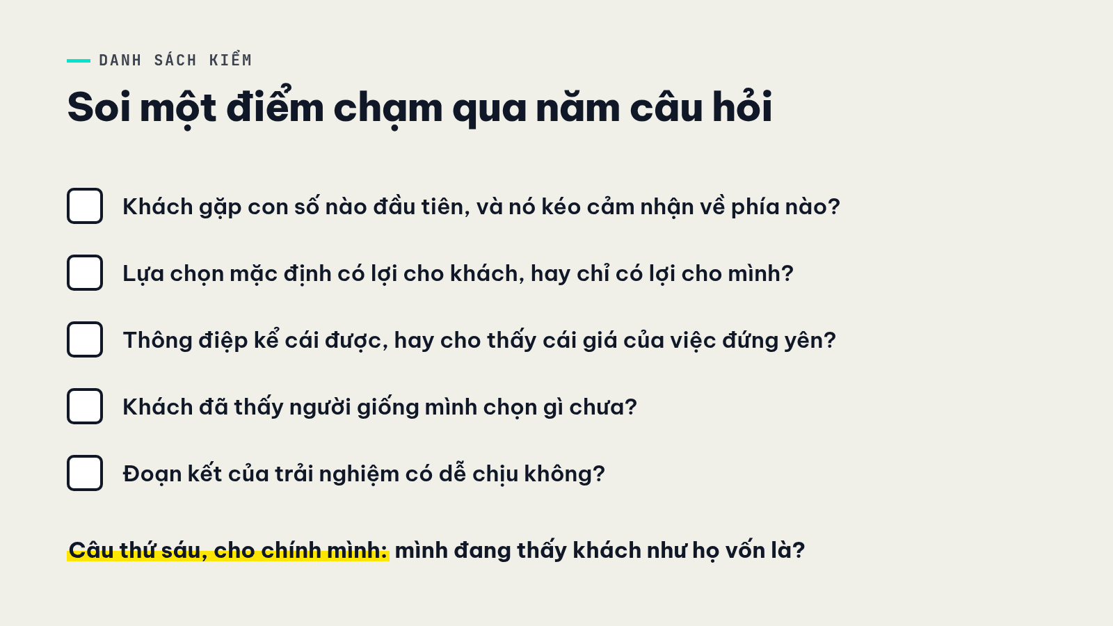 Danh sách kiểm năm câu hỏi về thiên kiến nhận thức cho một điểm chạm: con số đầu tiên, mặc định, khung được mất, người khác, đoạn kết