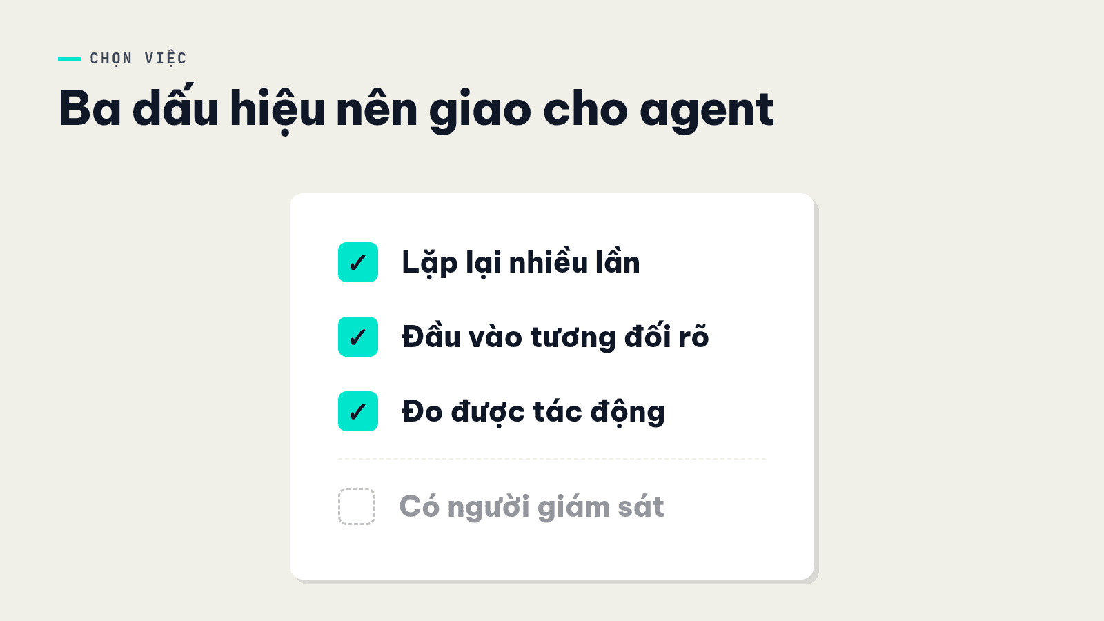 Thẻ checklist ba dấu hiệu của việc nên giao cho AI agent, thêm điều kiện có người giám sát