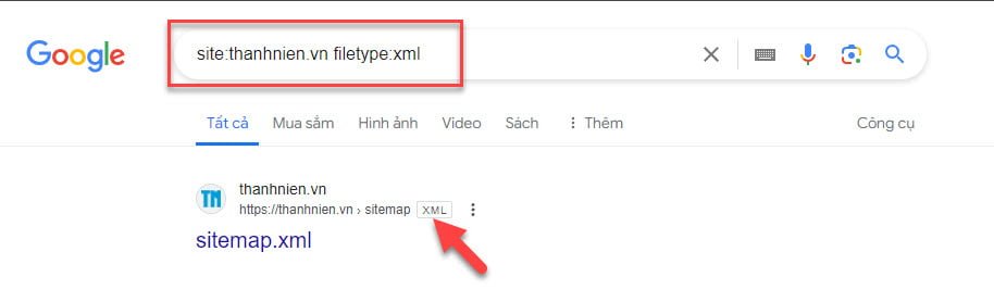 Ví dụ tìm kiếm sitemap bằng toán tử tìm kiếm