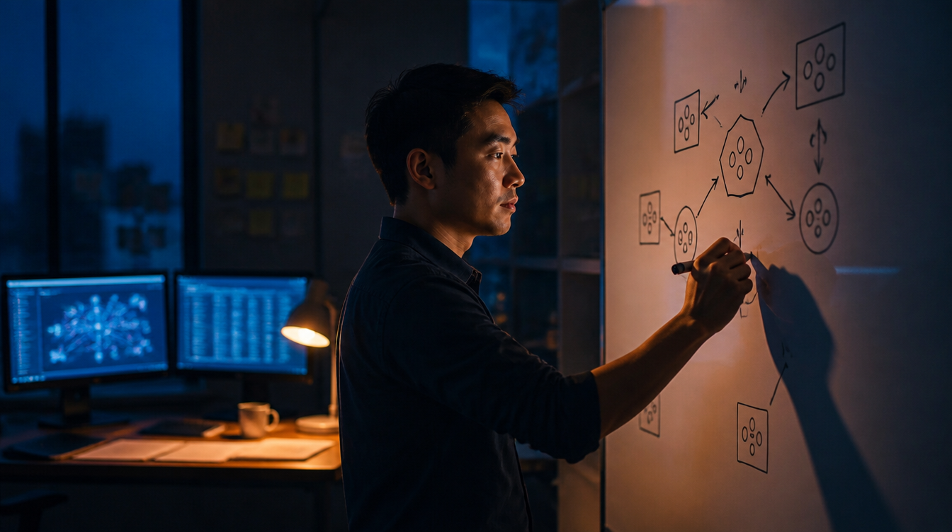 Founder SME phác thảo 5 điểm kiểm tra thiết kế quyết định trên bảng trắng dưới ánh đèn