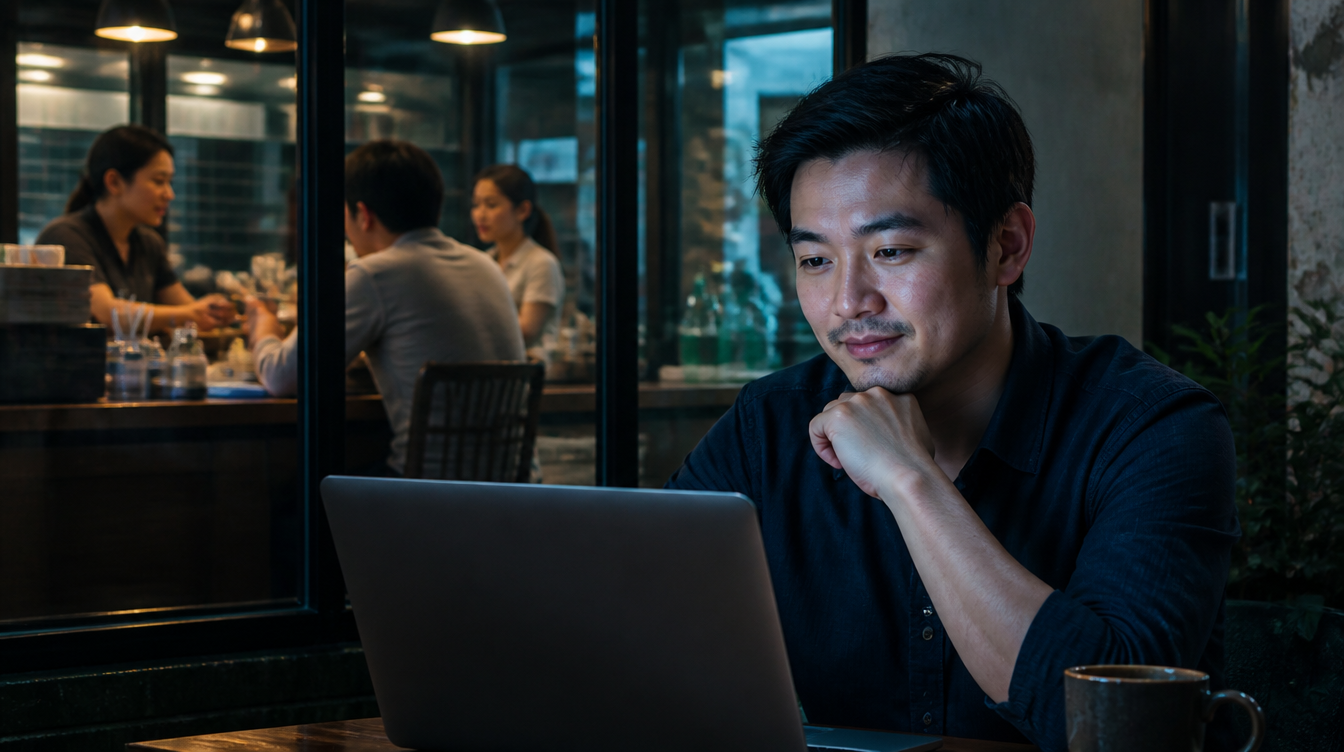 Chủ SME xem đánh giá thực từ khách hàng cũ trong quán cà phê — bằng chứng xã hội sống động