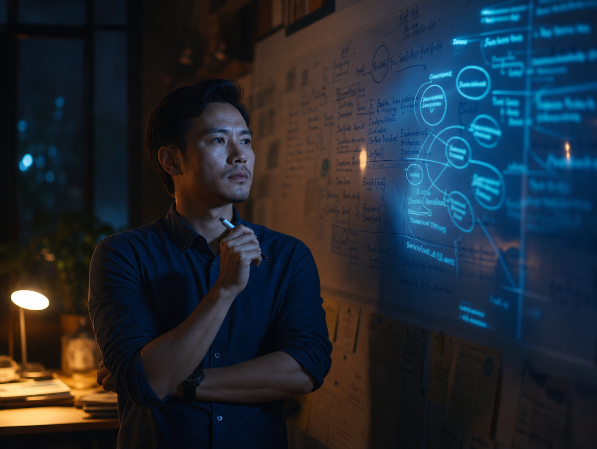 AI khuếch đại insight của founder trên bảng trắng — mở rộng ý tưởng có sẵn, không thay thế tư duy gốc