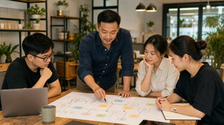 Chủ doanh nghiệp SME cùng đội ngũ mapping quy trình AI trước khi chọn công cụ
