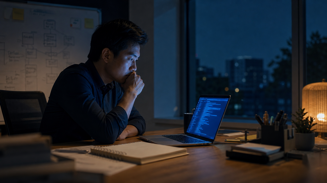 Ảo giác năng suất: khi founder dùng AI để trốn nghĩ 1 Founder SME ngồi trước laptop với AI trong khi sổ tay và bảng trắng bị bỏ quên — ảo giác năng suất