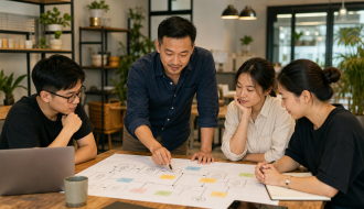 Chủ doanh nghiệp SME cùng đội ngũ mapping quy trình AI trước khi chọn công cụ